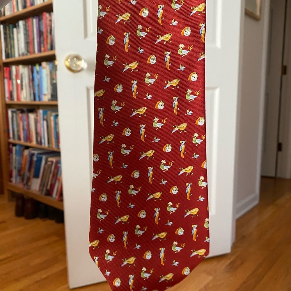 Ferragamo red silk tie with bird pattern